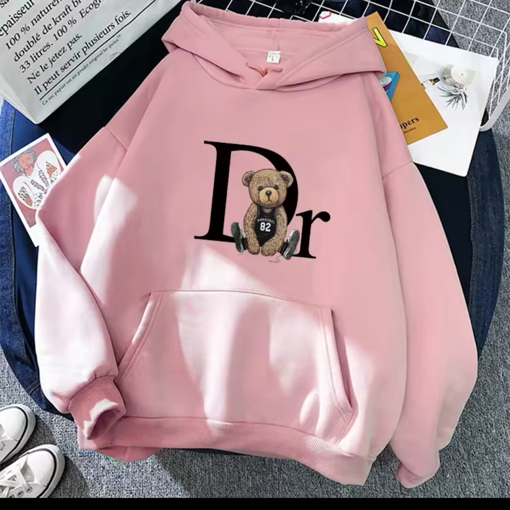 Pink Dog Hoodie with Bear Design